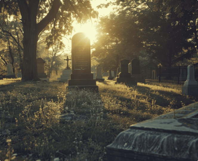 a tombstone sits in a cemetery. This is not an affordable burial option